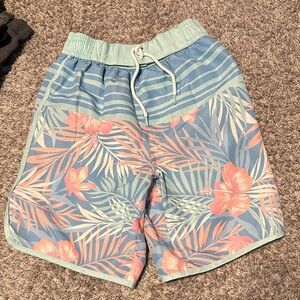 Tommy Bahama Blue and Coral Tropical Print Kids Swim Trunks